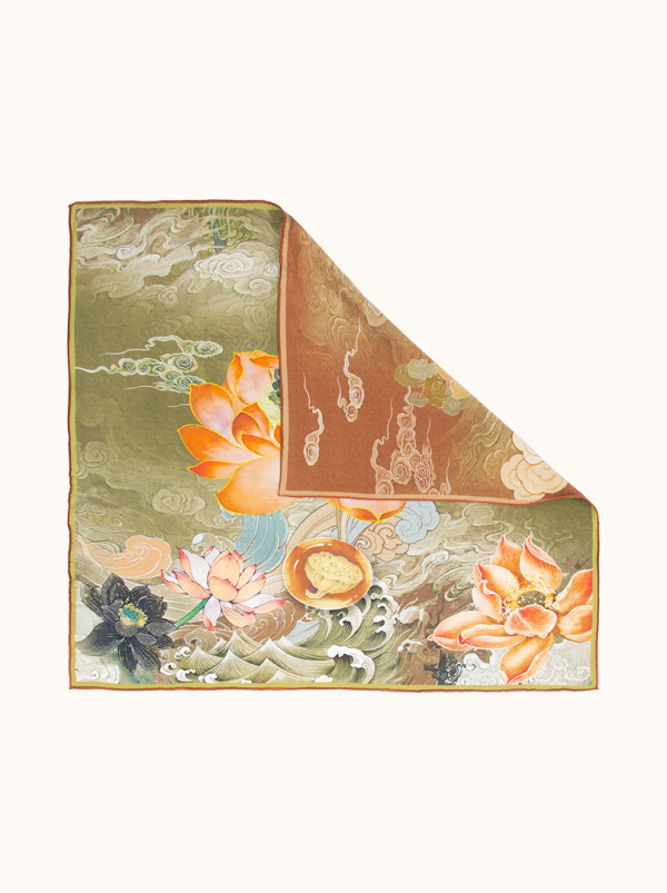 Silk scarf with lotus - oriental pattern 65x65 cm